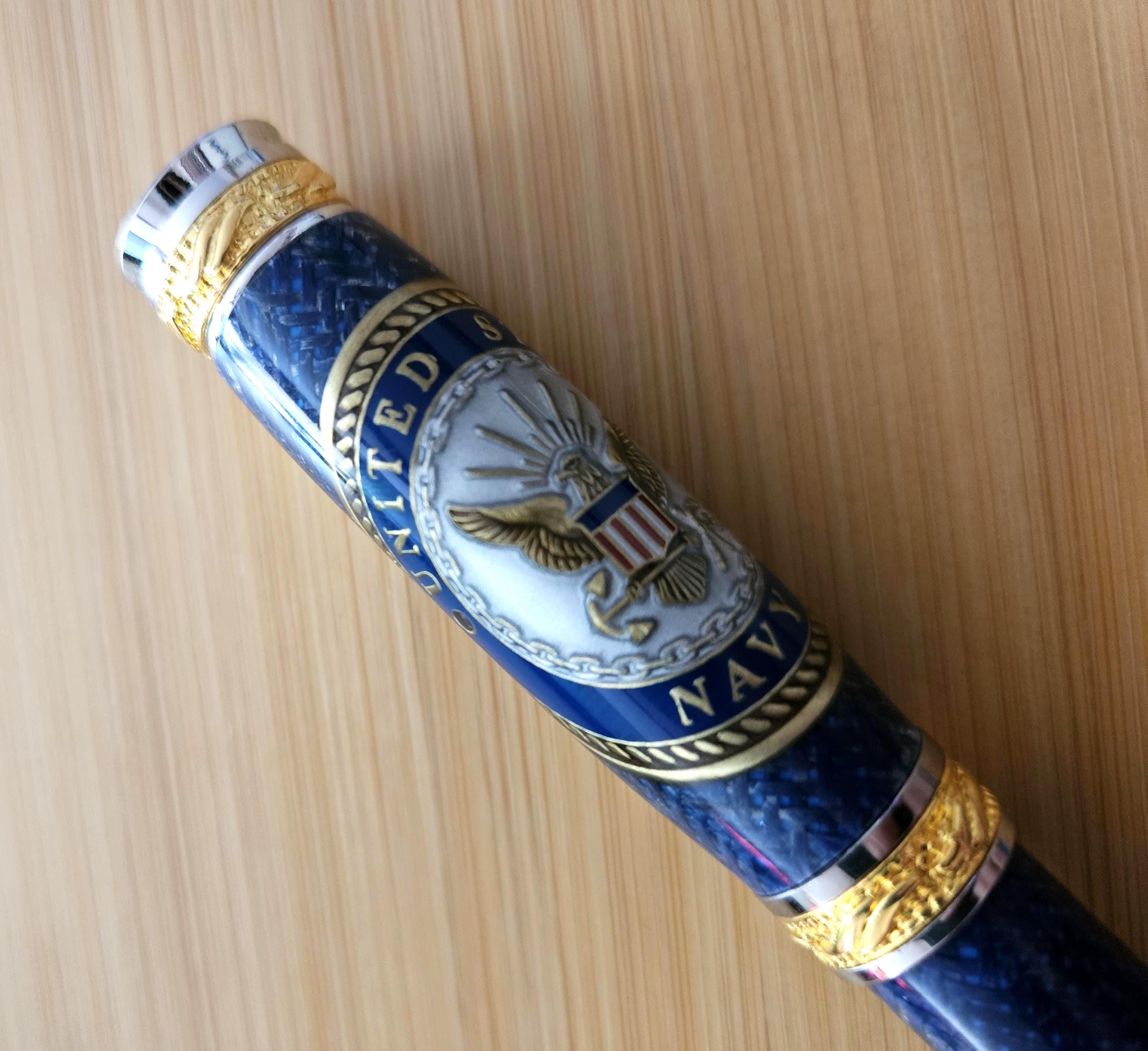 Refillable Capped Rollerball Blue Carbon Fiber Pen, Navy Emblem Coin, Majestic Junior Gold and Rhodium Accents, Navy Veterans & Active Duty