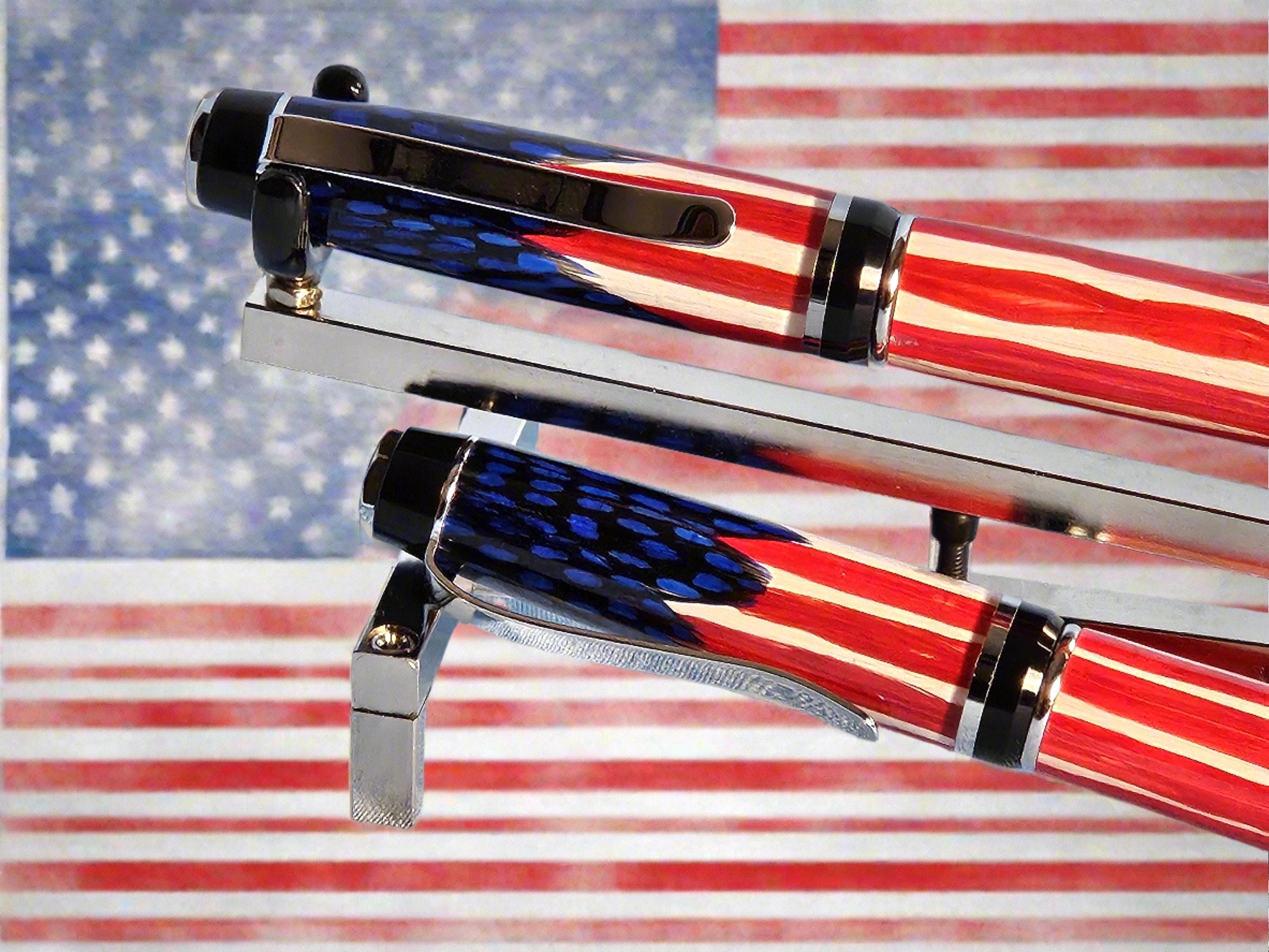 Pen and Pencil Set - Hand Placed Blue Feathers American Flag with an Elegant Black Chrome Pen Kit