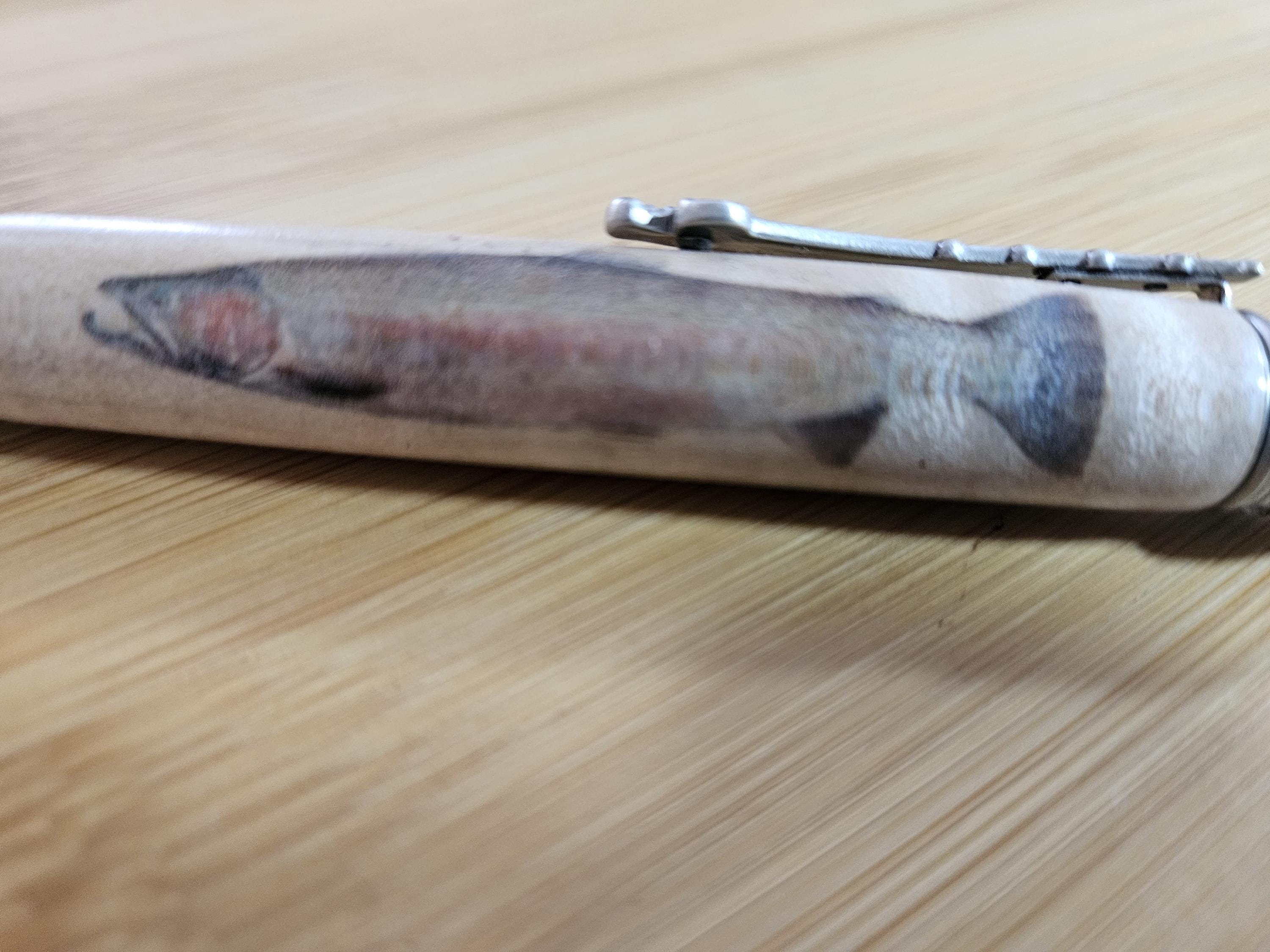 Refillable Ballpoint Pen, Fly Fishing, Wooden Trout Cast and Engraved, Curly Maple, Antique Pewter, Open Spooled Fishing Line, Medium Tip