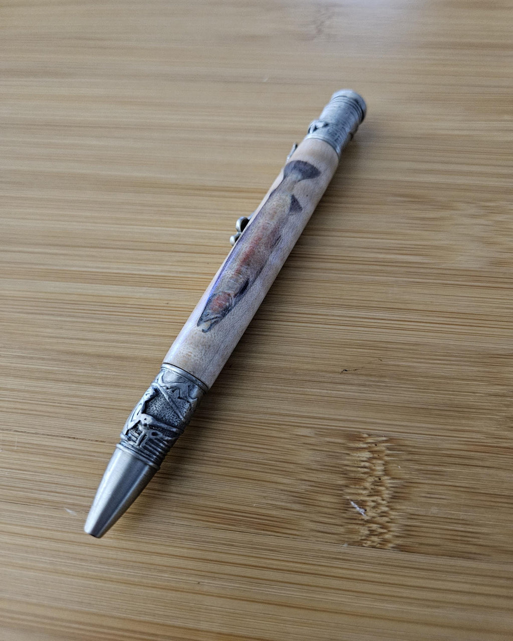 Refillable Ballpoint Pen, Fly Fishing, Wooden Trout Cast and Engraved, Curly Maple, Antique Pewter, Open Spooled Fishing Line, Medium Tip