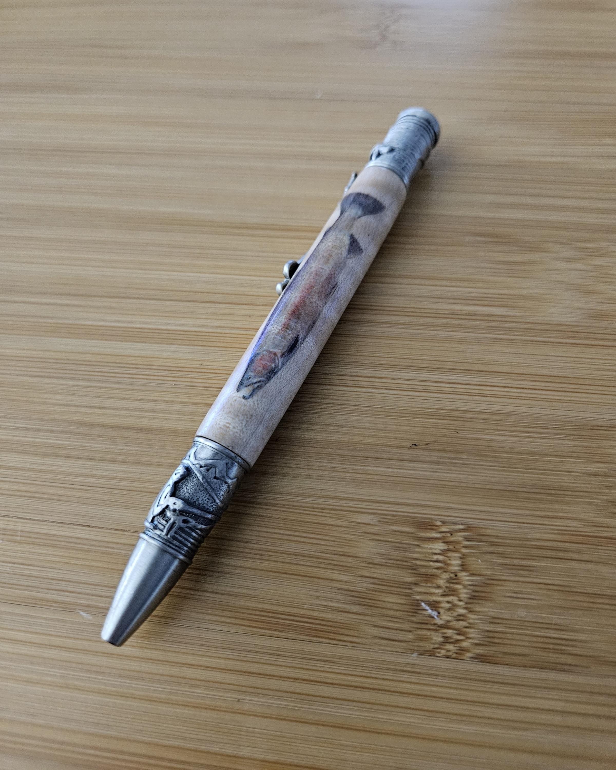 Refillable Ballpoint Pen, Fly Fishing, Wooden Trout Cast and Engraved, Curly Maple, Antique Pewter, Open Spooled Fishing Line, Medium Tip