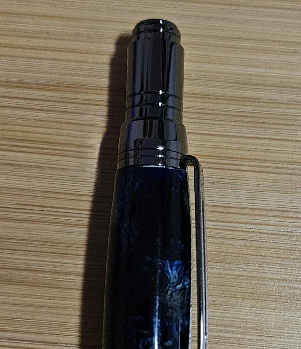 Refillable Ballpoint Pen, Chrysanthemum Flowers, Deep Blue Label-Cast Body, Clear Resin, Gunmetal Accents, Medium Tip, 1.3 oz (lightweight)
