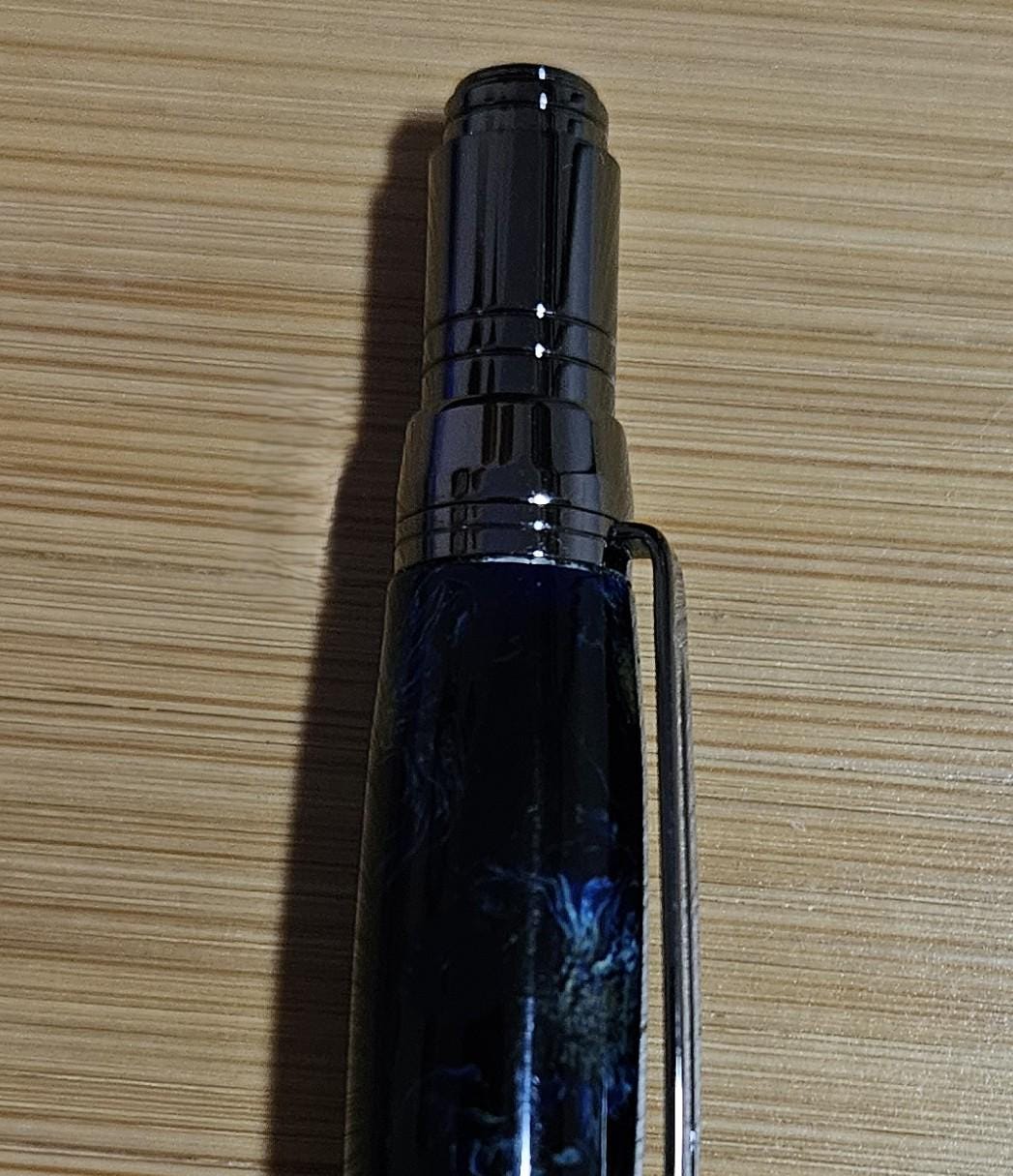 Refillable Ballpoint Pen, Chrysanthemum Flowers, Deep Blue Label-Cast Body, Clear Resin, Gunmetal Accents, Medium Tip, 1.3 oz (lightweight)