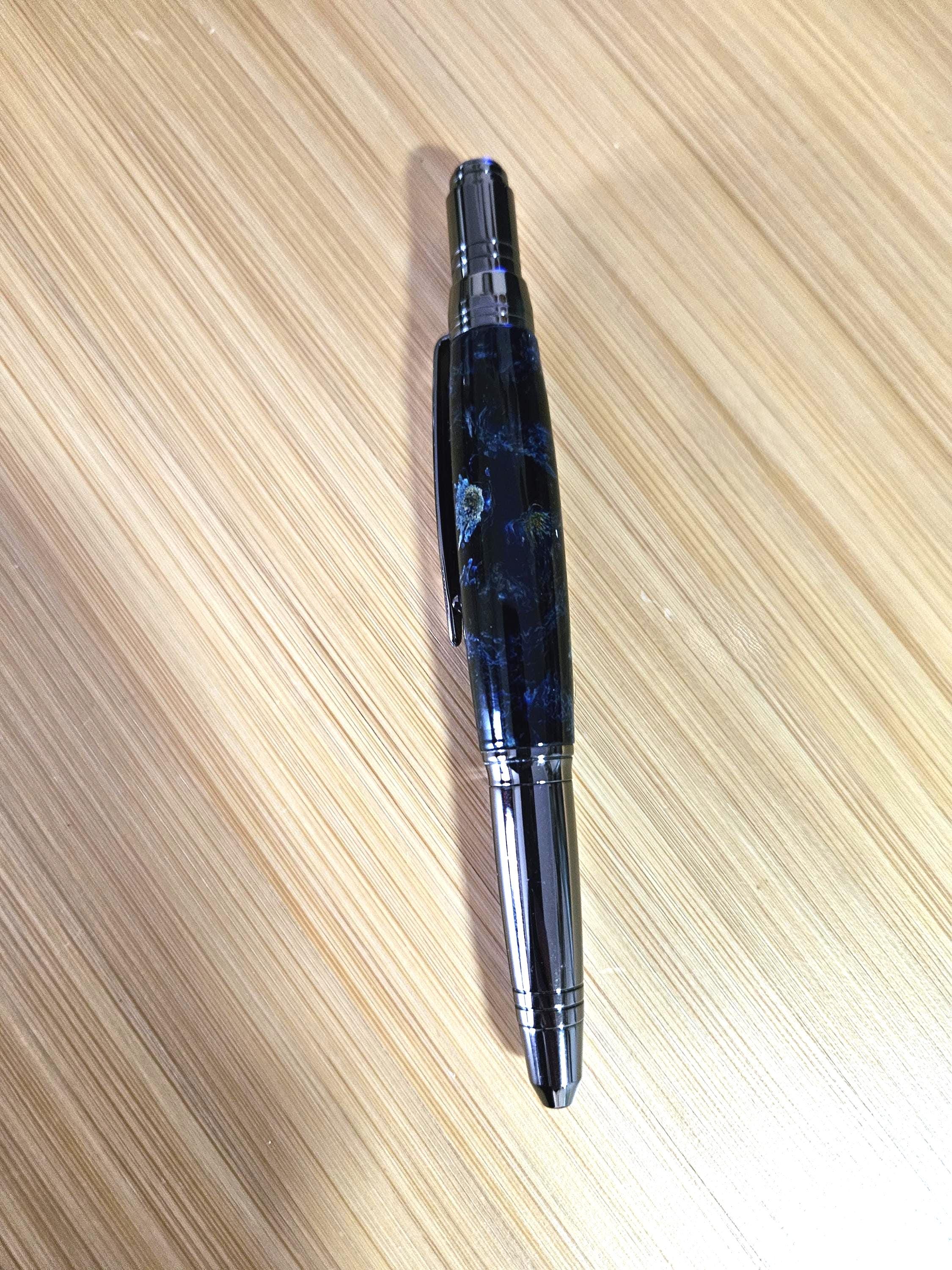 Refillable Ballpoint Pen, Chrysanthemum Flowers, Deep Blue Label-Cast Body, Clear Resin, Gunmetal Accents, Medium Tip, 1.3 oz (lightweight)