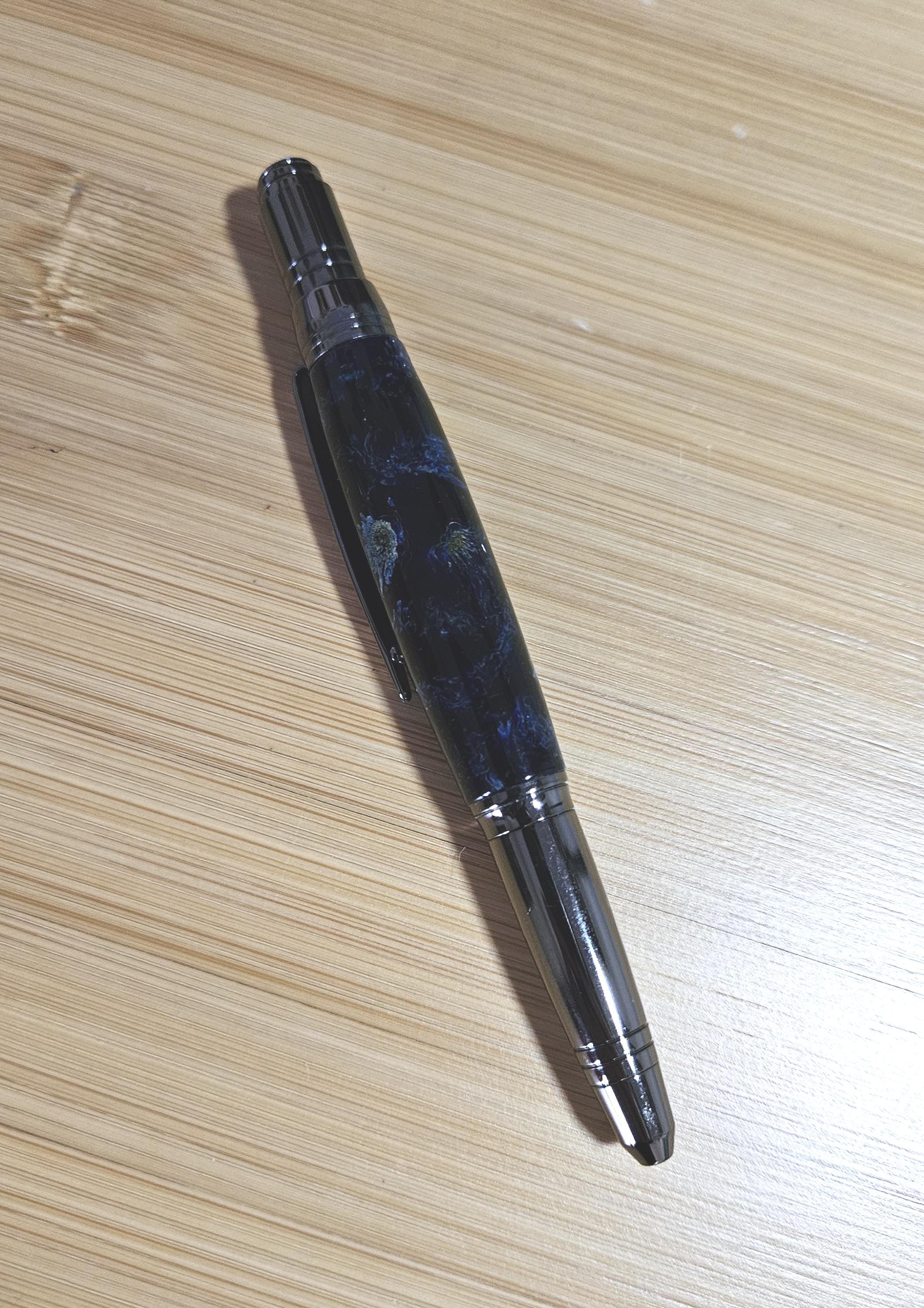 Refillable Ballpoint Pen, Chrysanthemum Flowers, Deep Blue Label-Cast Body, Clear Resin, Gunmetal Accents, Medium Tip, 1.3 oz (lightweight)