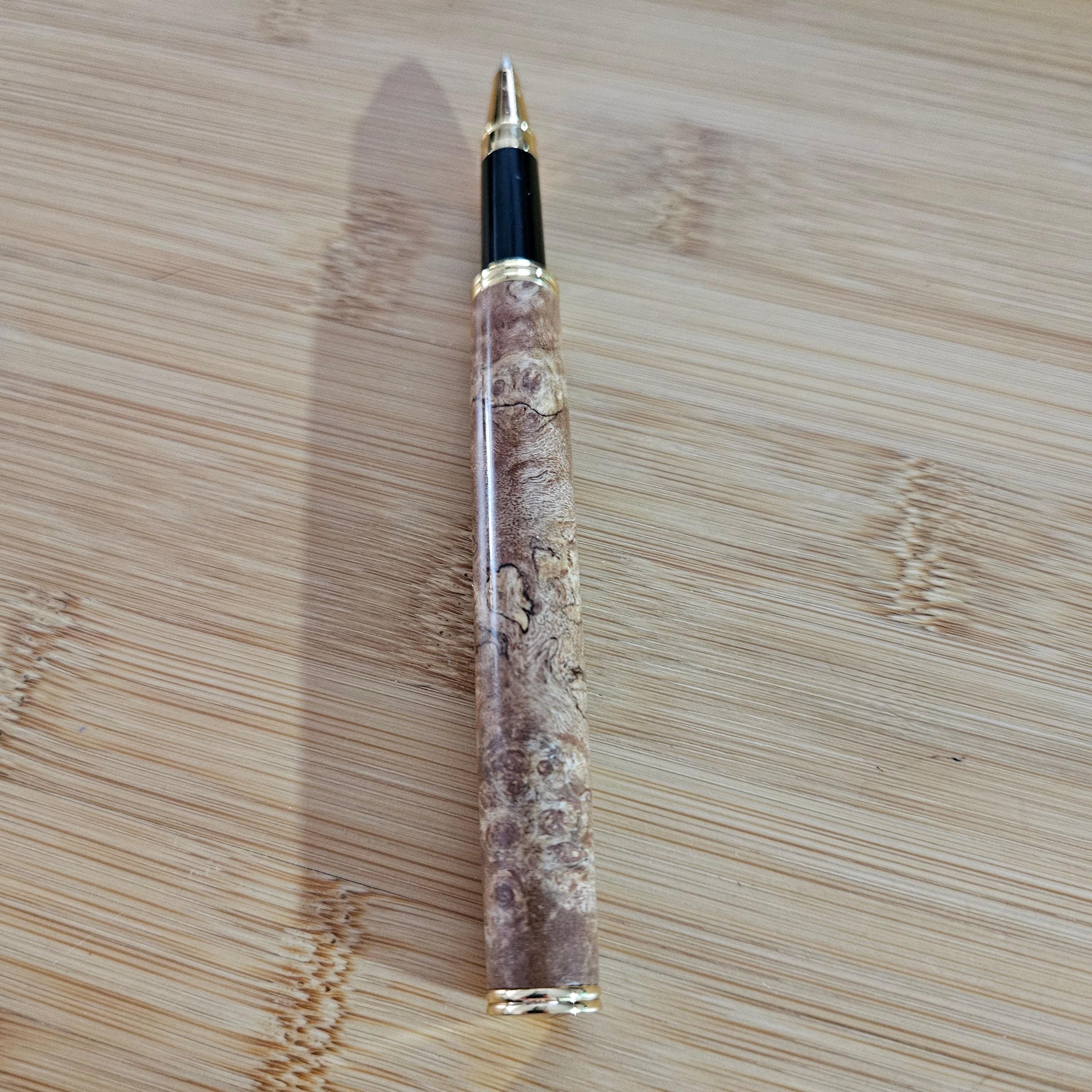 Refillable Capped Traditional 24kt Gold Rollerball Pen, Burl Wood, Black Accent, Medium Tip, 1.3oz, Lightweight, Gift for Her, Gift for Mom
