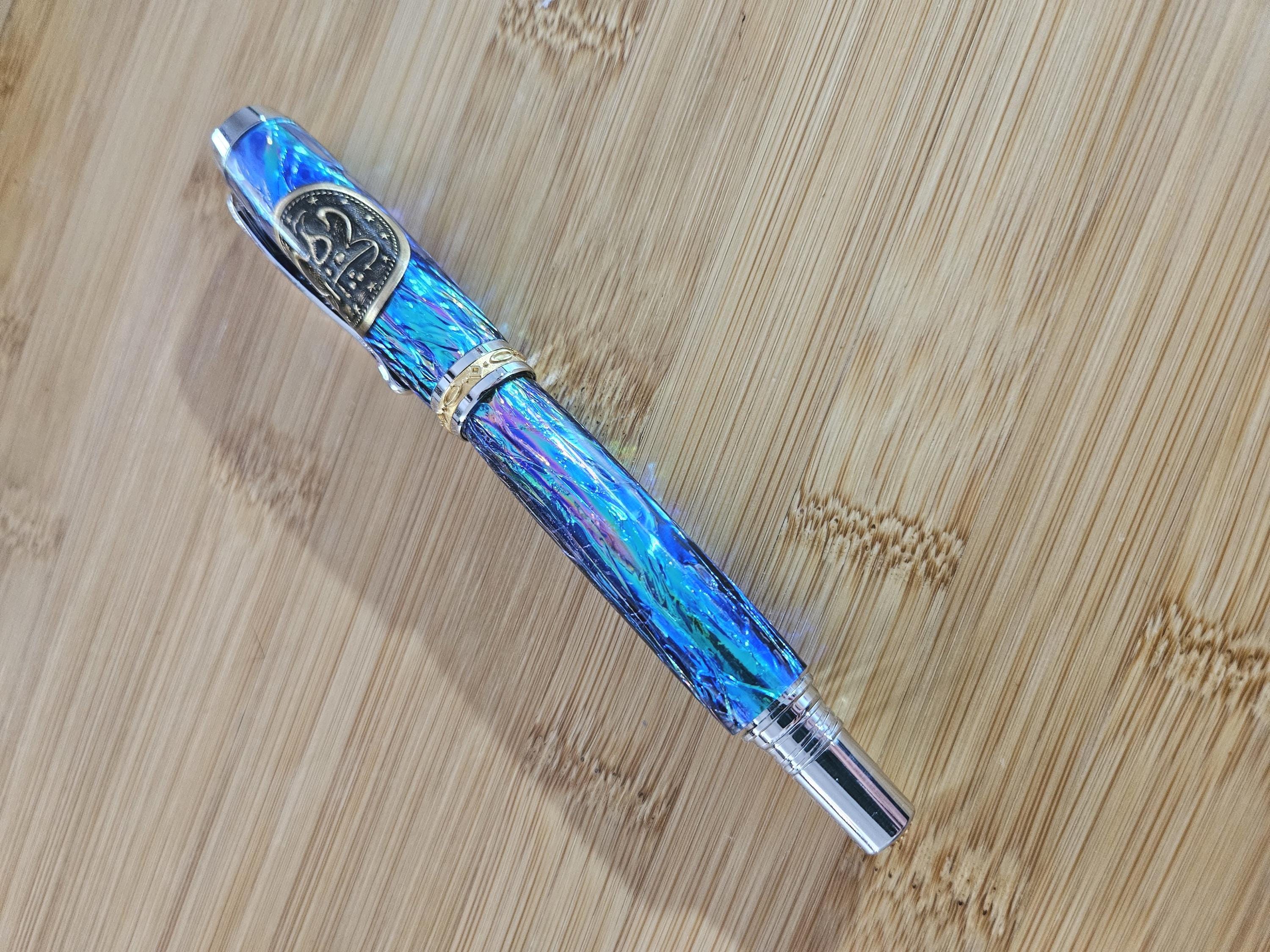 Refillable Capped Junior Statesman Rollerball Pen, Opal FX Body, Navy Peacoat Button, Chrome and Gold Accents, Medium Tip, Gift for Military