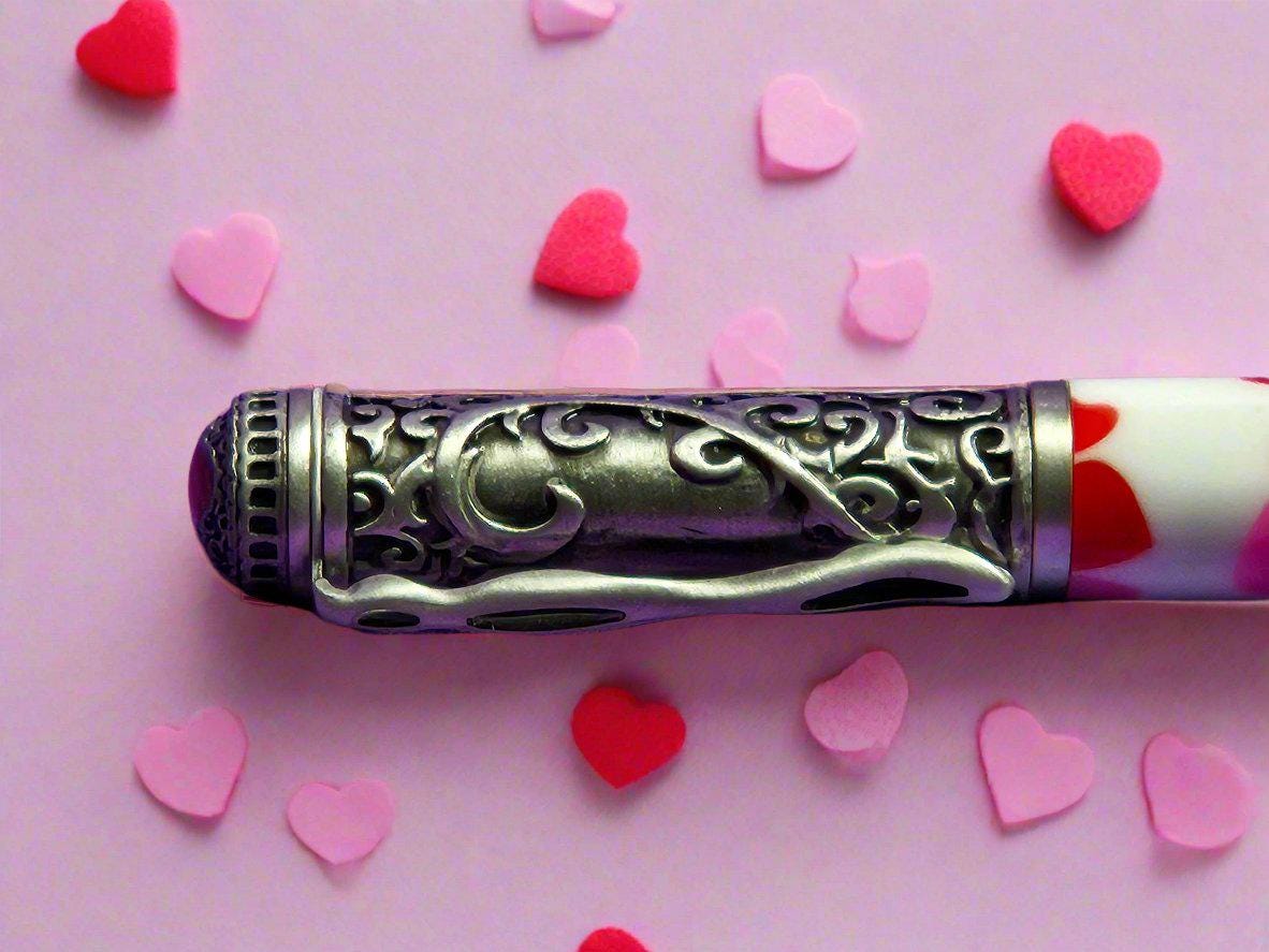 Refillable Twist-Style Pen, Red & Pink Hearts, Antique Pewter, Etched Metal Heart, Cast Heart on Top, Love Themed, Medium Tip, 2.0oz (Heavy)