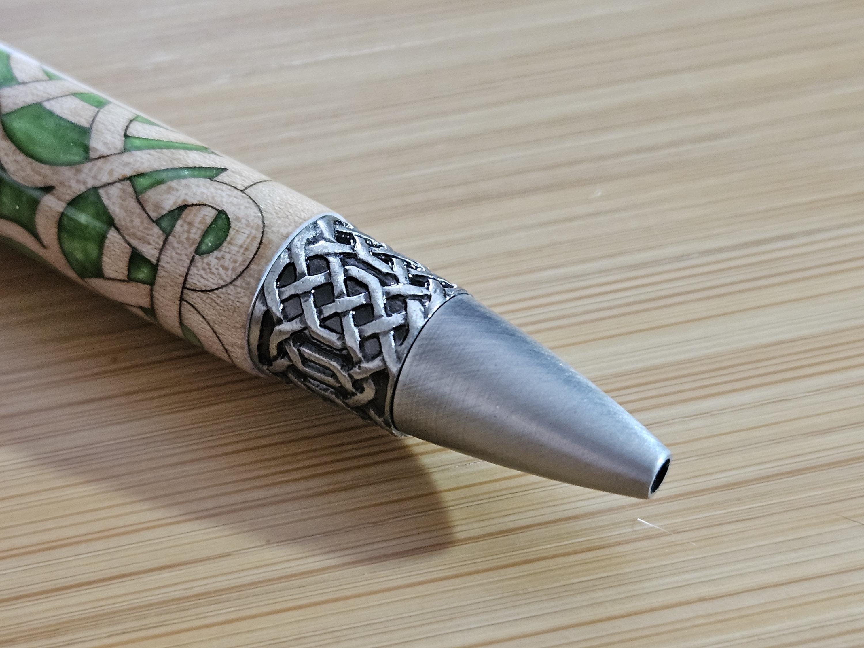 Refillable Twist-Style Pen, Celtic Scrollwork, Basswood, Antique Pewter, Emerald Cabochon, Light Green, Irish Symbol, Medium Tip, 1.6oz