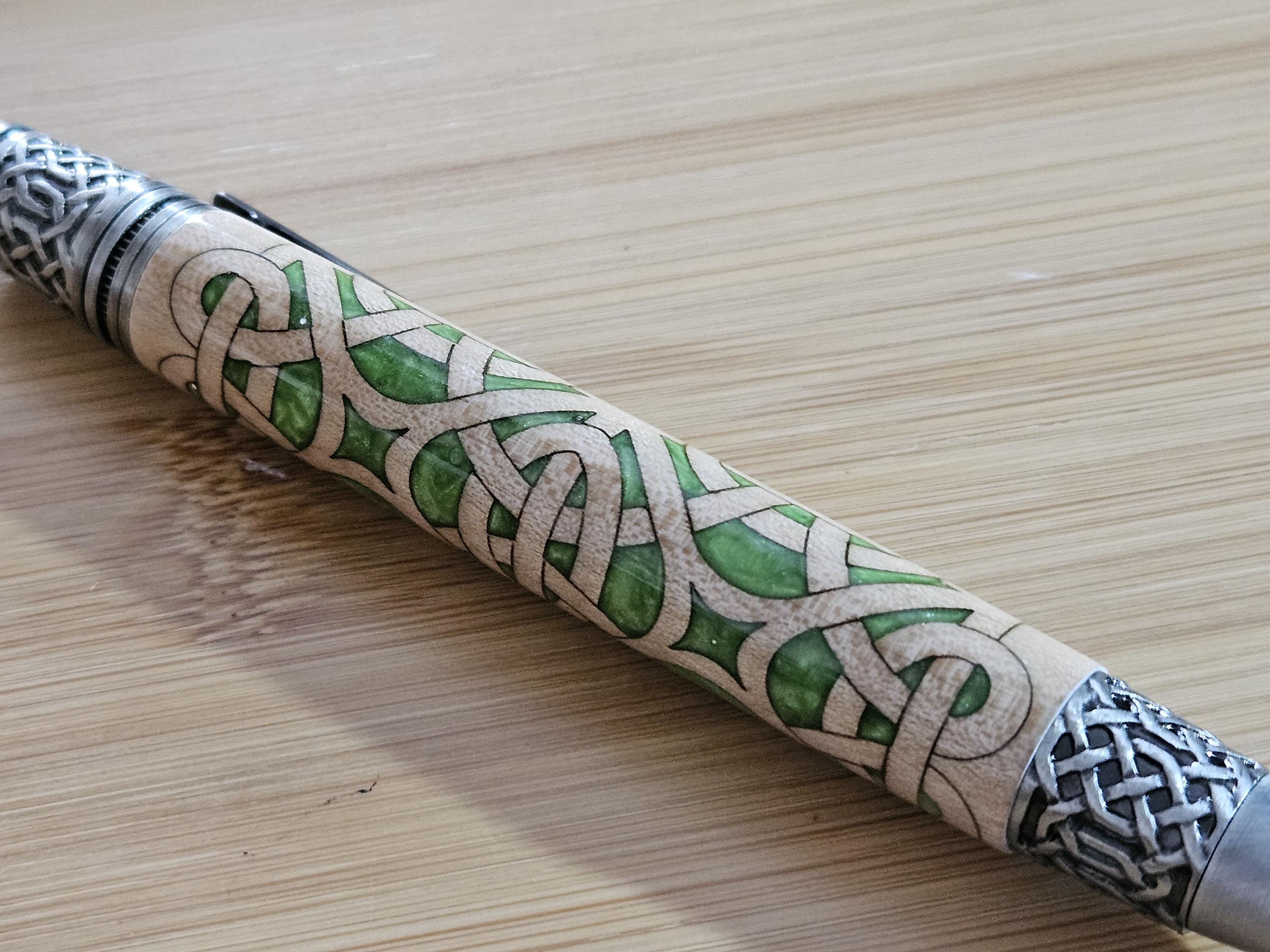 Refillable Twist-Style Pen, Celtic Scrollwork, Basswood, Antique Pewter, Emerald Cabochon, Light Green, Irish Symbol, Medium Tip, 1.6oz