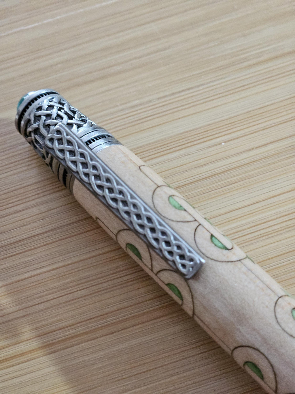 Refillable Twist-Style Pen, Celtic Scrollwork, Basswood, Antique Pewter, Emerald Cabochon, Light Green, Irish Symbol, Medium Tip, 1.6oz