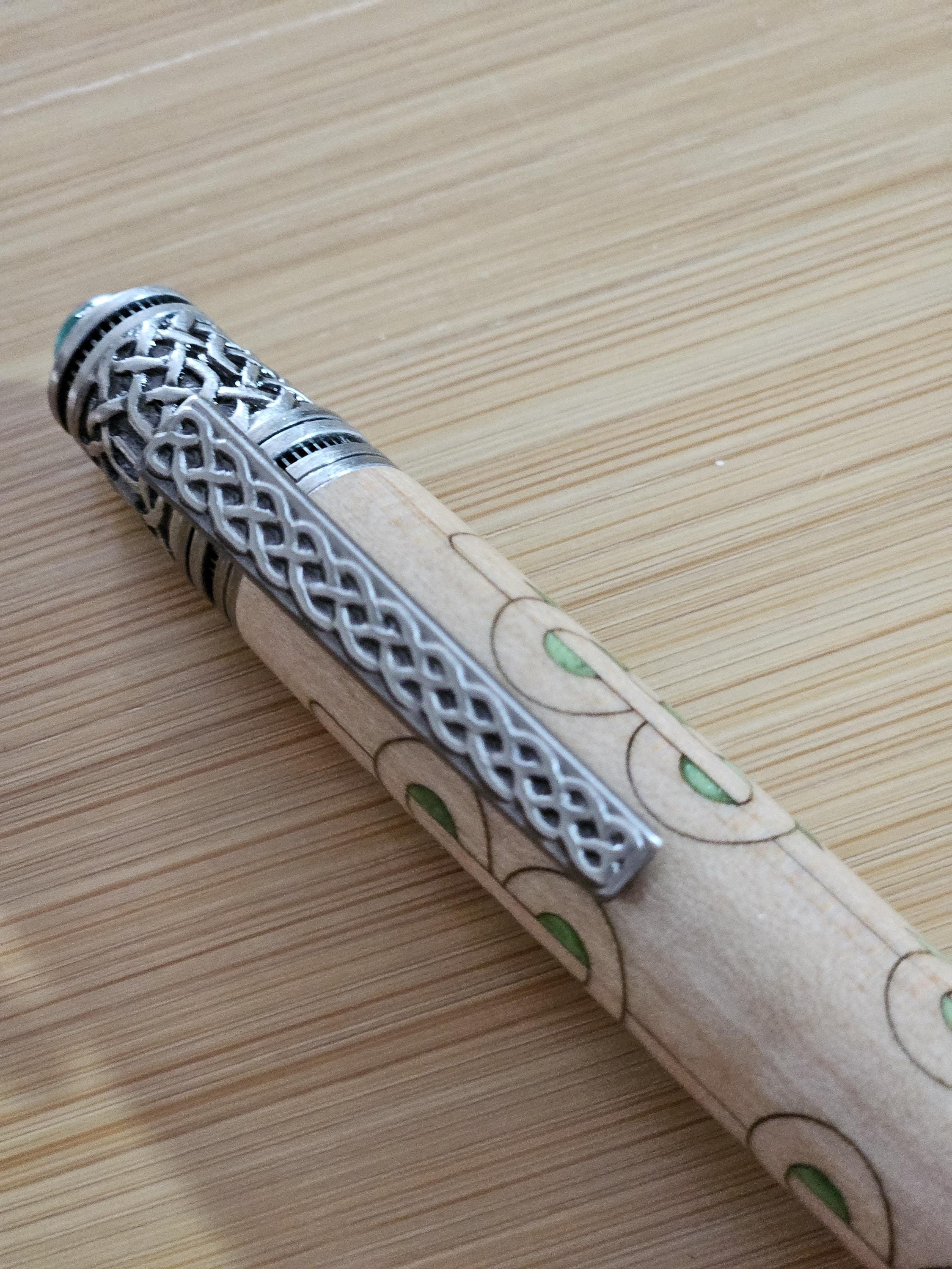 Refillable Twist-Style Pen, Celtic Scrollwork, Basswood, Antique Pewter, Emerald Cabochon, Light Green, Irish Symbol, Medium Tip, 1.6oz