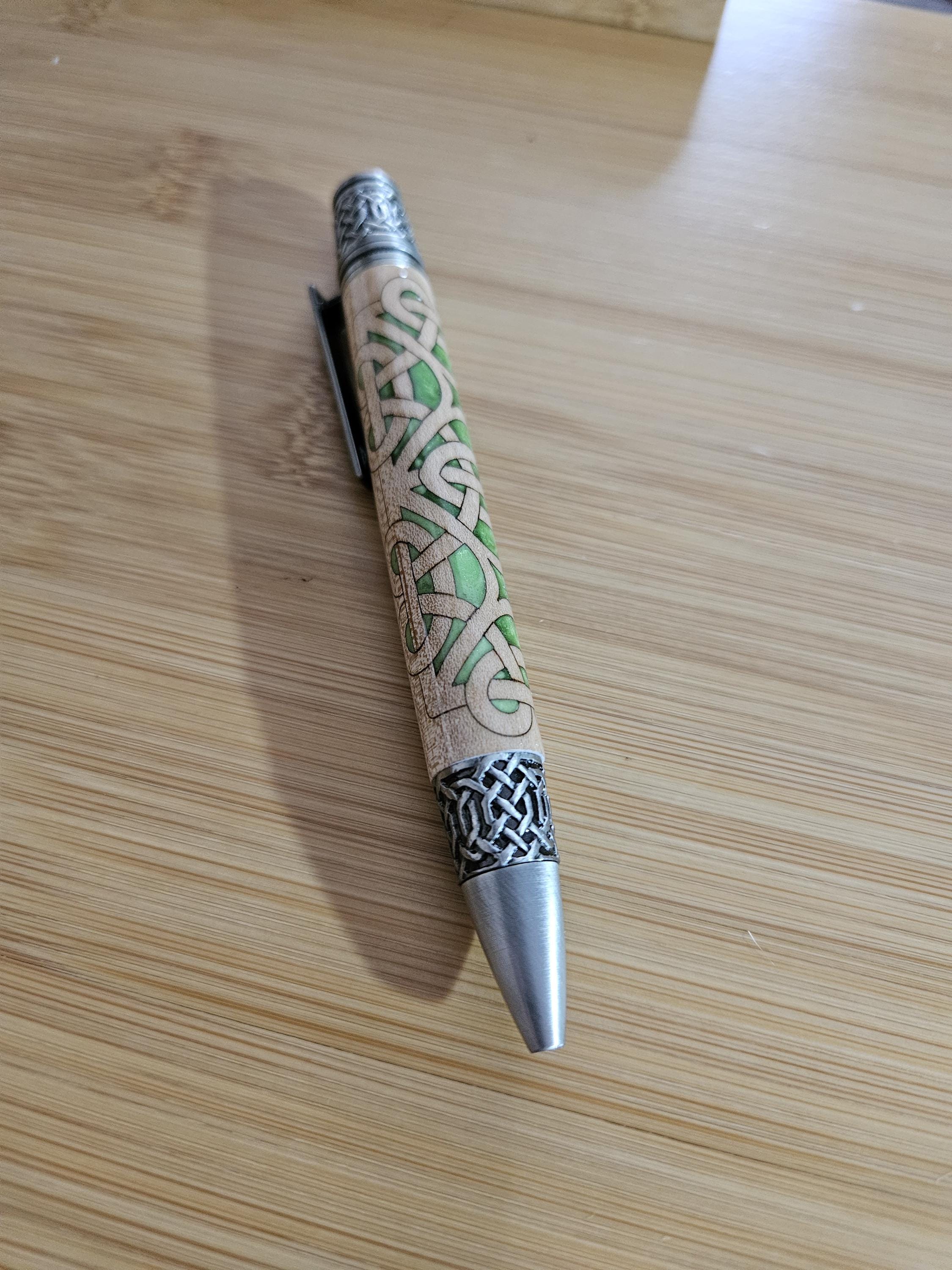Refillable Twist-Style Pen, Celtic Scrollwork, Basswood, Antique Pewter, Emerald Cabochon, Light Green, Irish Symbol, Medium Tip, 1.6oz
