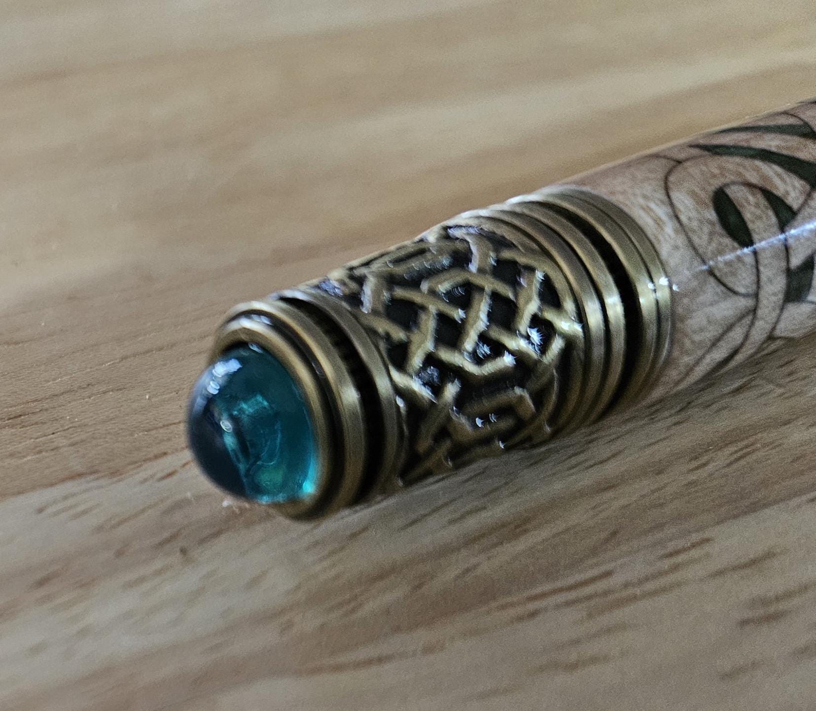 Refillable Twist-Style Pen, Celtic Scrollwork, Basswood, Antique Brass, Emerald Cabochon, Dark Green, Irish Symbol, Medium Tip, 1.6oz