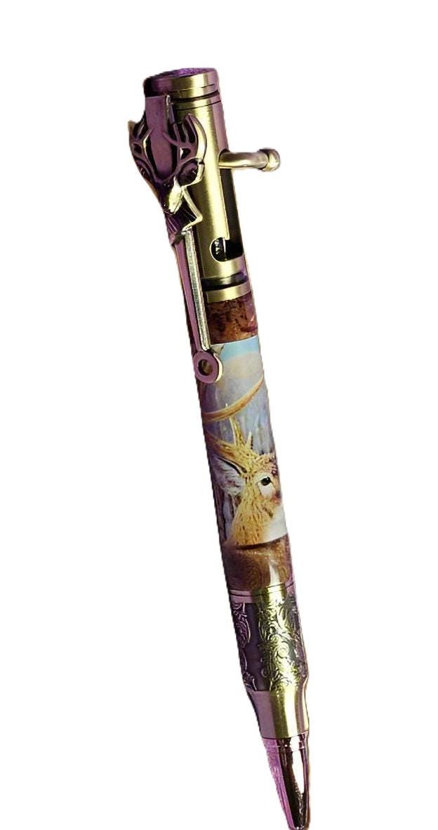 Refillable Bolt Action Deer Hunter Pen: Label Cast, Burl Wood Segment, Antique Brass Etched Metal, 5-point Buck, Gift for Hunter, Deer Lover