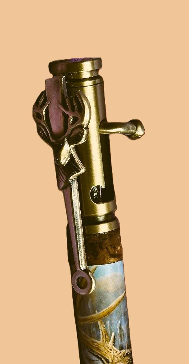 Refillable Bolt Action Deer Hunter Pen: Label Cast, Burl Wood Segment, Antique Brass Etched Metal, 5-point Buck, Gift for Hunter, Deer Lover