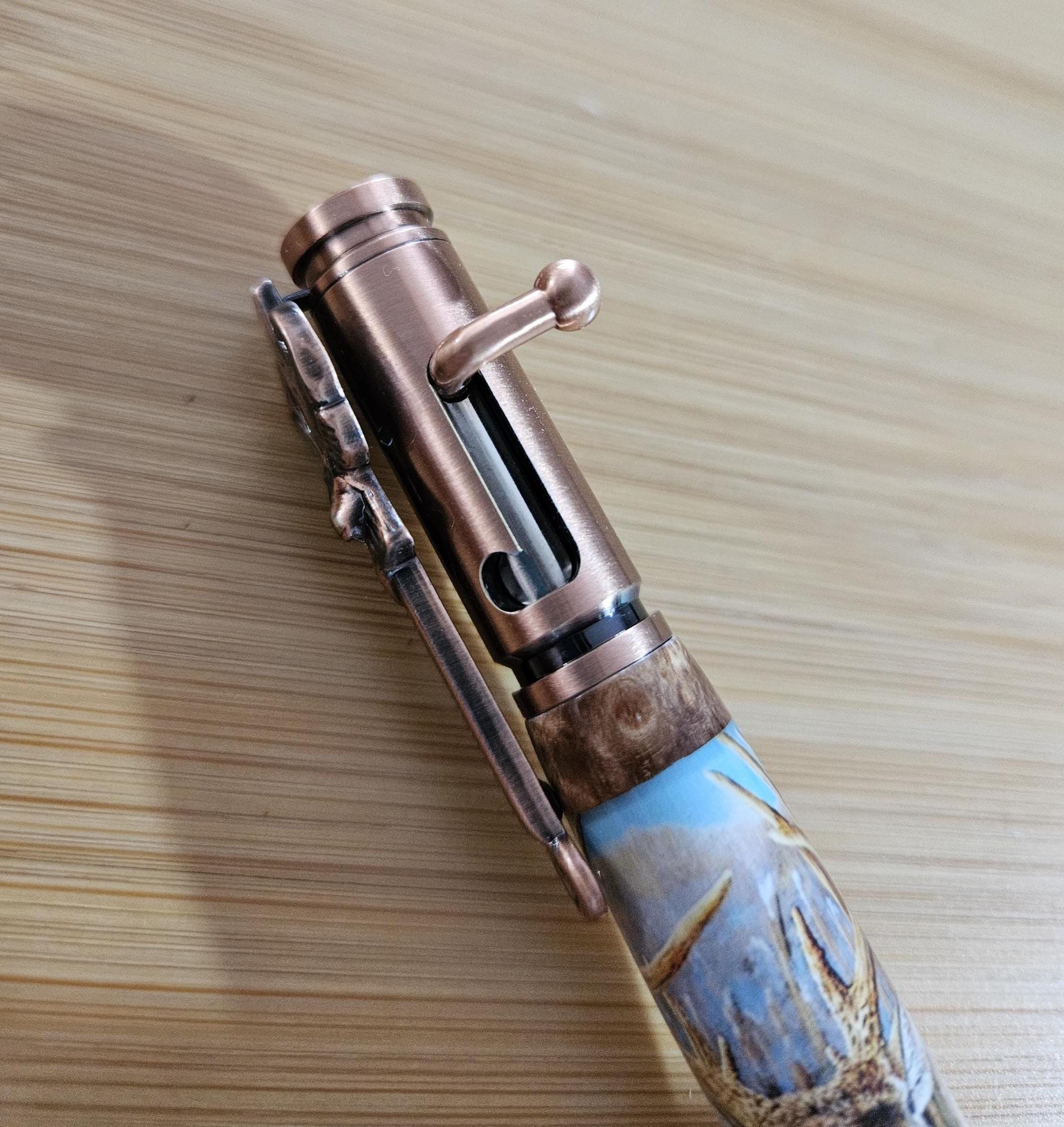 Refillable Bolt Action Deer Hunter Pen: Label Cast, Burl Wood Segment, Antique Copper Etched Metal, 5point Buck, Gift for Hunter, Deer Lover