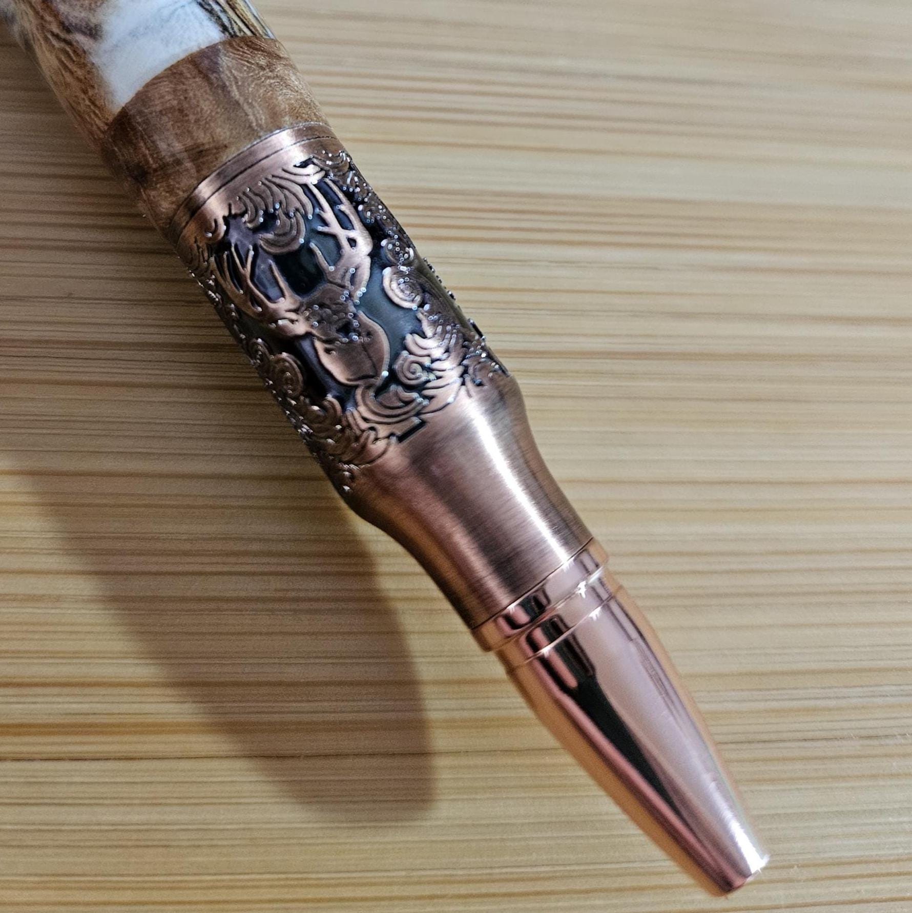 Refillable Bolt Action Deer Hunter Pen: Label Cast, Burl Wood Segment, Antique Copper Etched Metal, 5point Buck, Gift for Hunter, Deer Lover