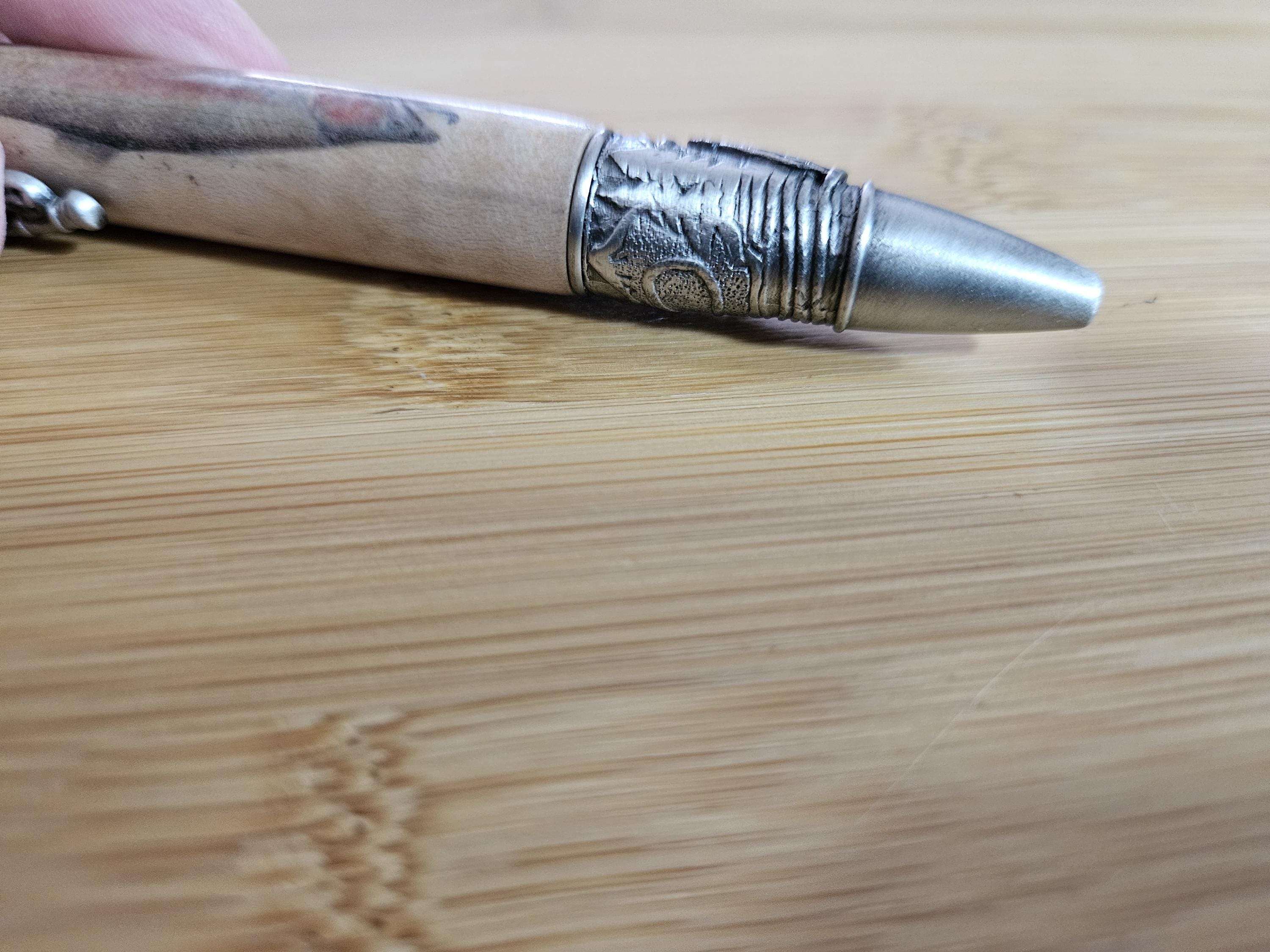 Refillable Ballpoint Pen, Fly Fishing, Wooden Trout Cast and Engraved, Curly Maple, Antique Pewter, Open Spooled Fishing Line, Medium Tip
