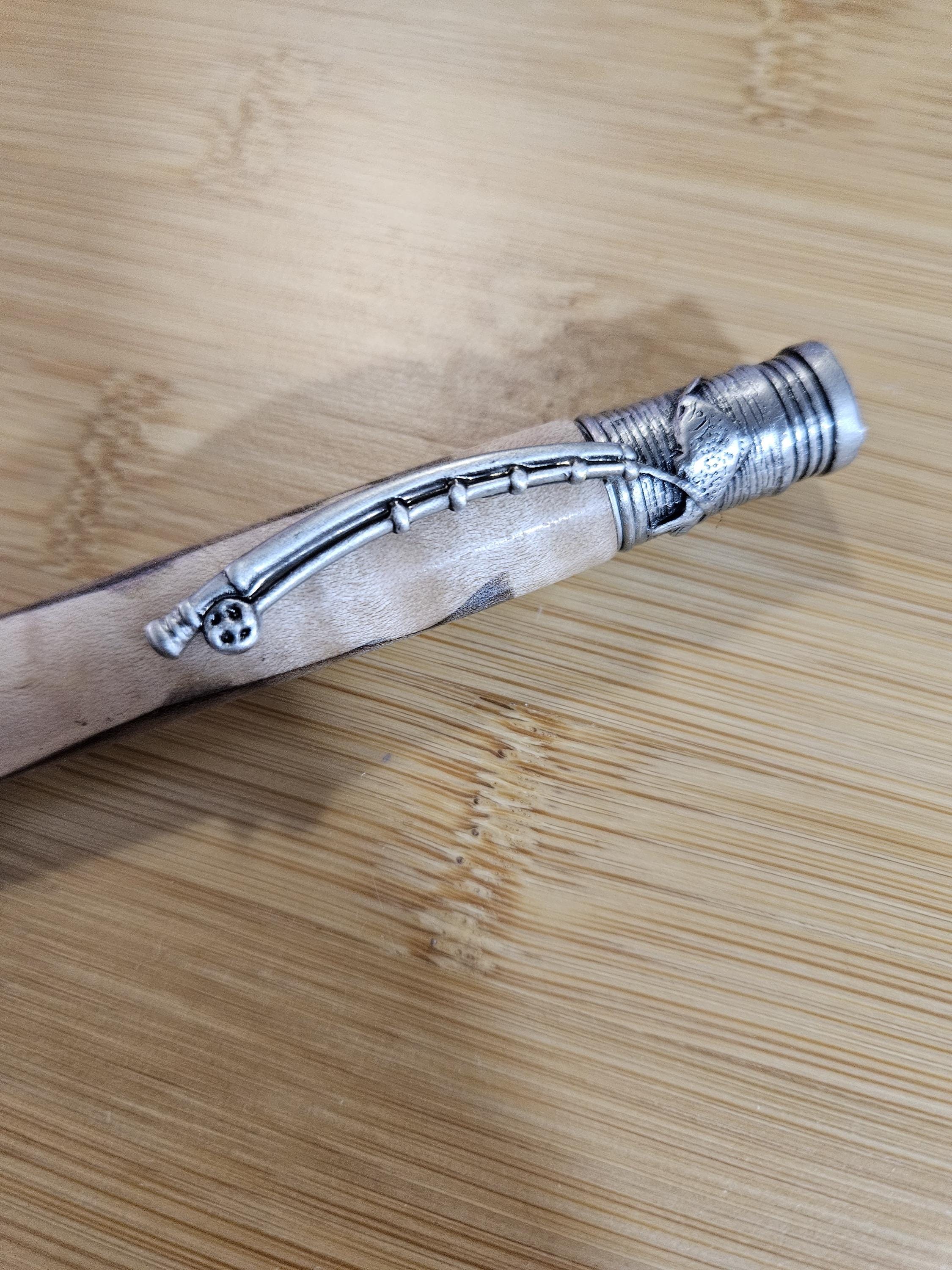 Refillable Ballpoint Pen, Fly Fishing, Wooden Trout Cast and Engraved, Curly Maple, Antique Pewter, Open Spooled Fishing Line, Medium Tip